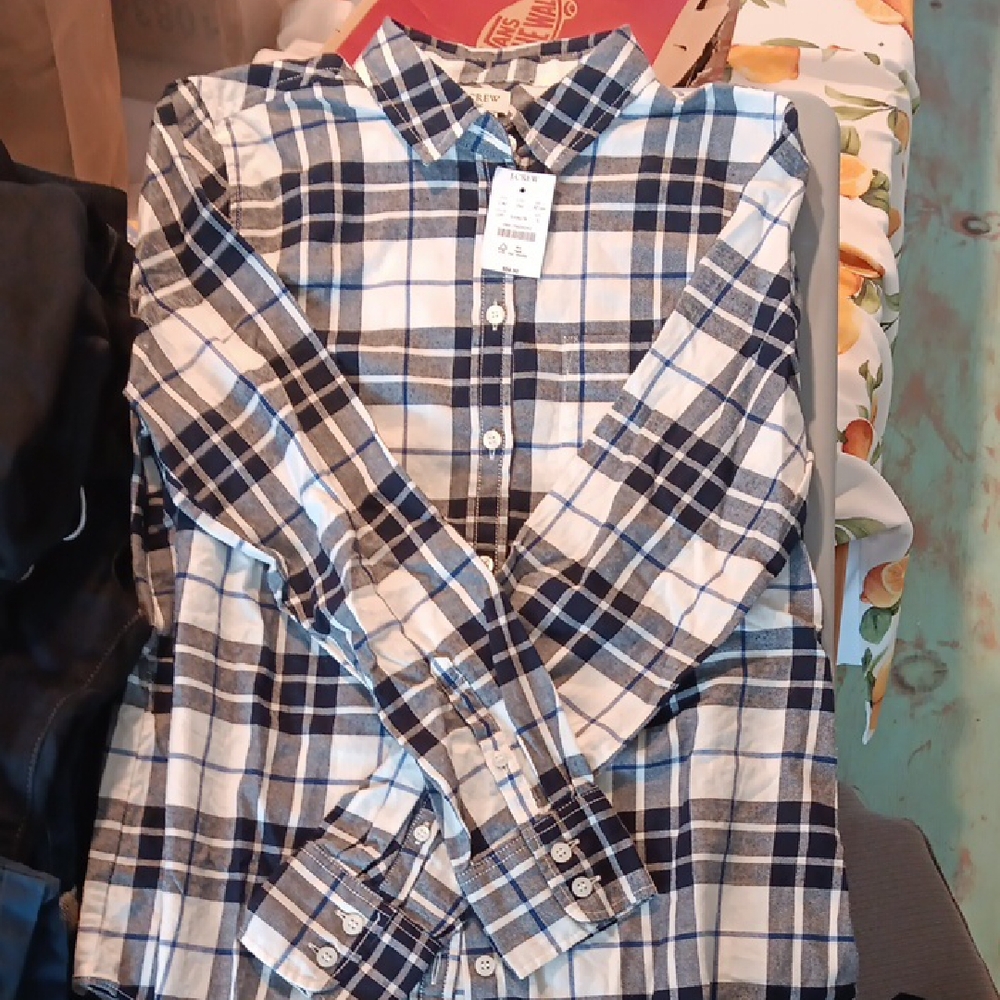 J. Crew Blue and White Plaid Flannel Shirt